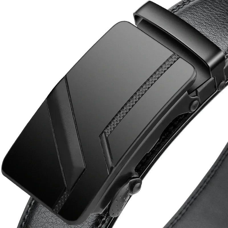 Men's Automatic Buckle Belt – Black Faux Leather Ratchet Belt, 110–130 cm