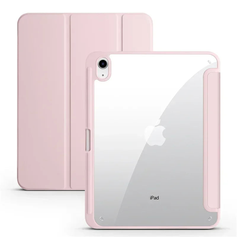 Pink case with clear back for an iPad on a white background