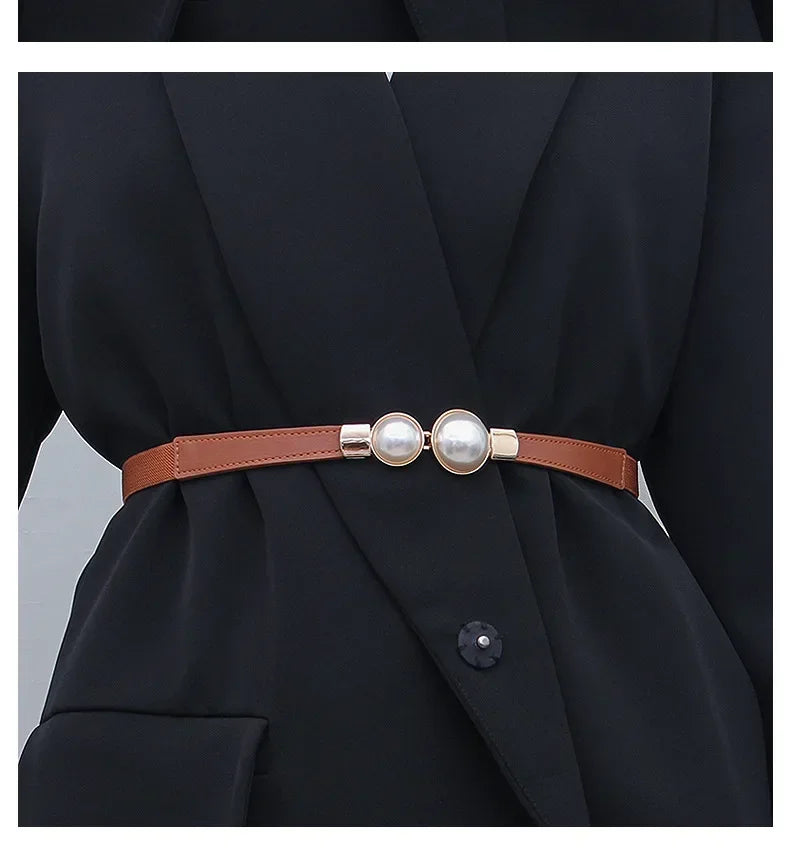 Women's Pearl Elastic Waist Belt – Vintage Hook Belt for Sweaters & Coats