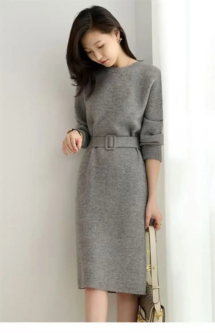 Women's Knit A-Line Midi Dress with Sash