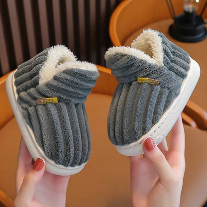 Kids' Striped Plush Slippers – Warm Non-Slip Heel-Wrap House Shoes