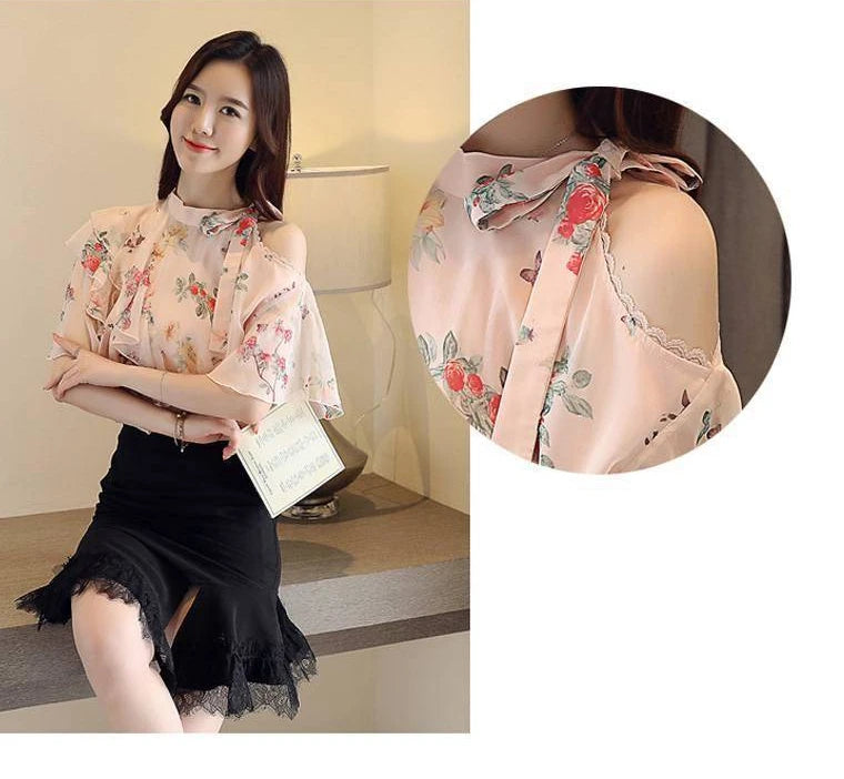 Chiffon Female Tops Floral with Puffy Sleeves Women's Shirt Blouse Modern Long Tall Elegant Luxury Korean Popular Clothes Pretty