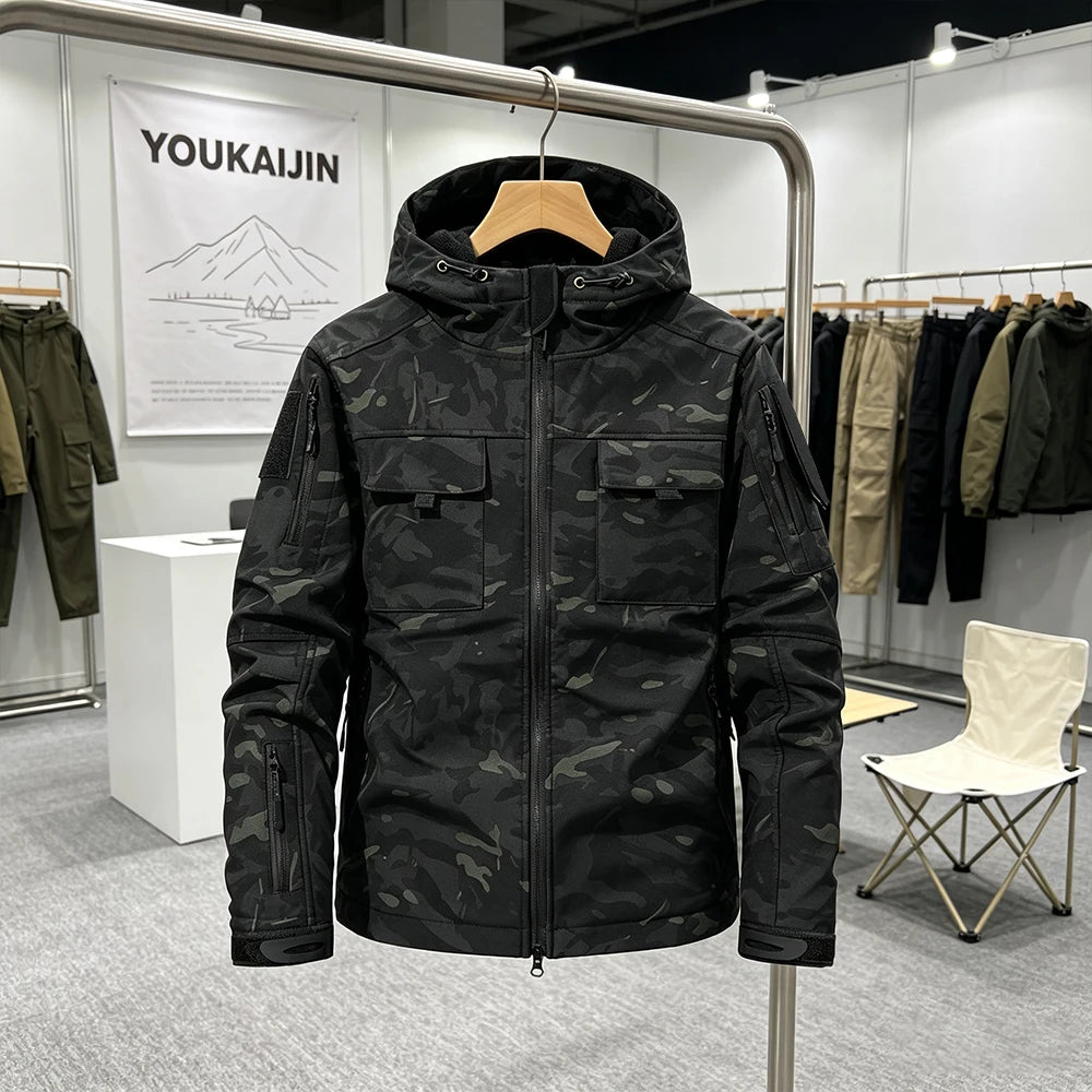 Men's Military Soft Shell Tactical Jacket Winter Warm Fleece Hunting Jackets Outdoor Hiking Fishing Hooded Multi-pockets Coat