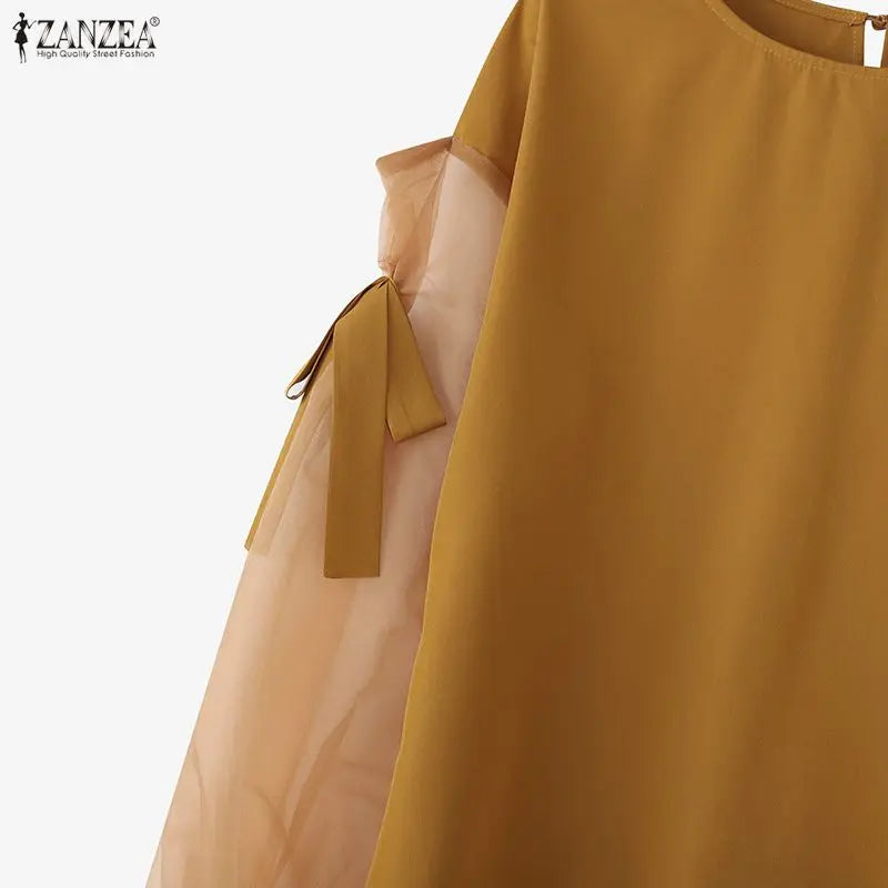 ZANZEA Elegant Bow Women Blouse 2025 Autumn Fashion Mesh Patchwork Long Lantern Sleeve Casual Tops Shirts Korean Ladies Blusas