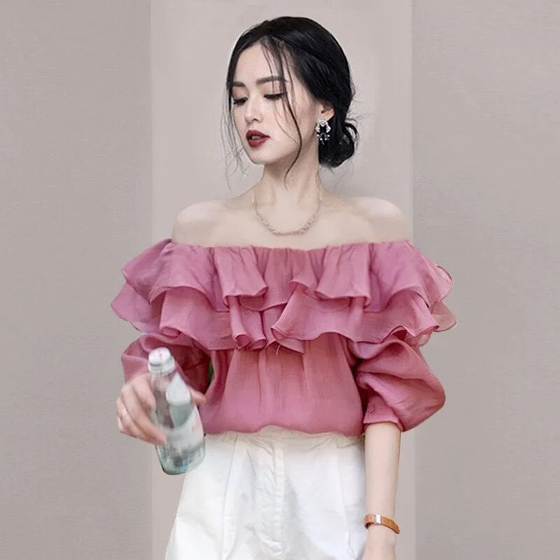 2026 Korean Elegant Sweet Lyocell Blouse Fashion Autumn Off Shoulder Ruffle Slash Neck Long Sleeve Shirt Plus Size Spring Tops