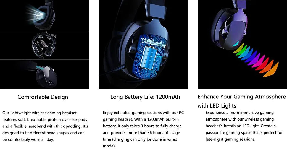 3-Mode Wireless Gaming Headset – 2.4G, Bluetooth & 3.5mm with Detachable Noise-Cancelling Mic