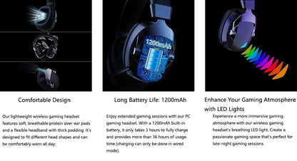 Kabelloses Gaming-Headset mit 3 Verbindungsmodi – 2,4-GHz-Funk, Bluetooth & 3,5-mm-Klinkenanschluss mit abnehmbarem Geräuschunterdrückungs-Mikrofon