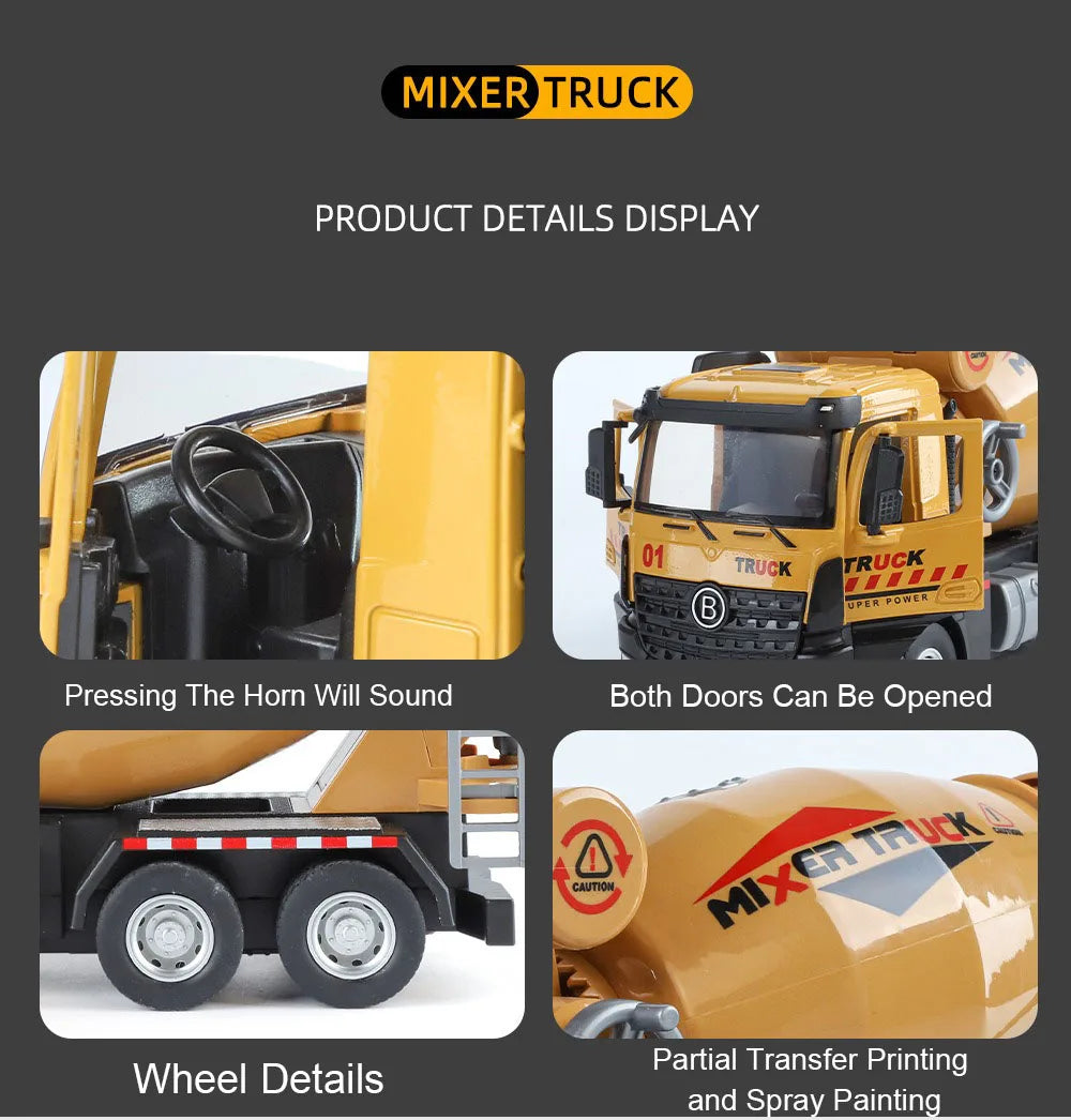 1:24 Diecast Crane & Mixer Truck with Lights, Sounds & Pull-Back