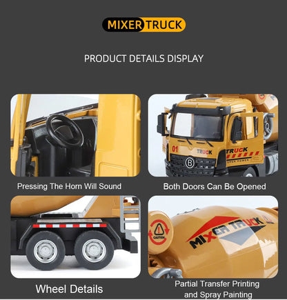 1:24 Diecast Crane & Mixer Truck with Lights, Sounds & Pull-Back
