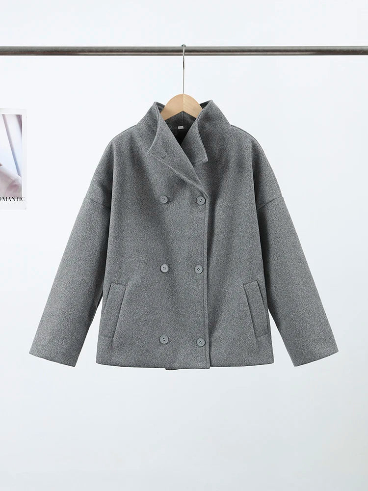 Classic Black High Neck Faux Wool Coats Women Chic Double Breasted Wide Sleeve Pocket Jackets Fall Winter Street Loose Outerwear
