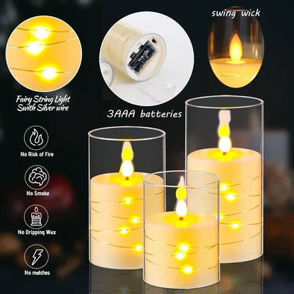 Flammenlose LED-Kerzen mit integrierten Sternen-Lichterketten | 3D-Flamme | Acryl | 3 Größen | Romantische Heimdekoration