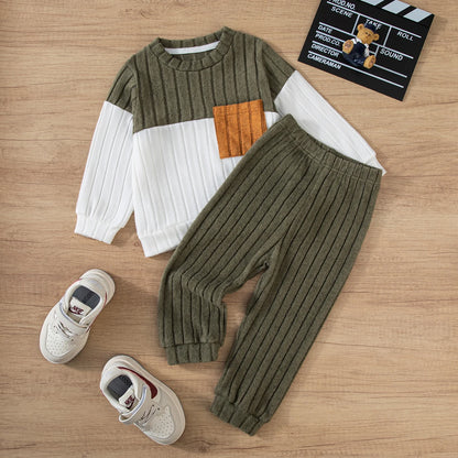 Conjunto de suéter y pantalones de bloques de color para niño - Atuendo de invierno de manga larga, tallas 90-130