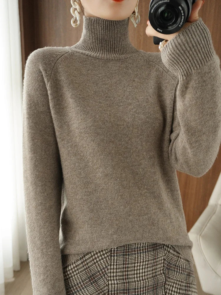 Fashion Basic Autumn Winter Merino Wool Sweater Mock Neck Cashmere Pullover Solid Color Soft Long Sleeve Basic Clothing Tops
