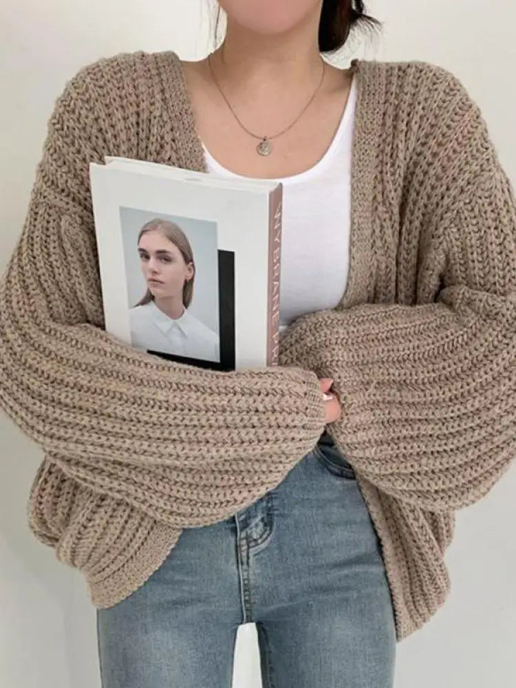 Women's Lantern-Sleeve Knit Cardigan – Relaxed Open-Front Sweater