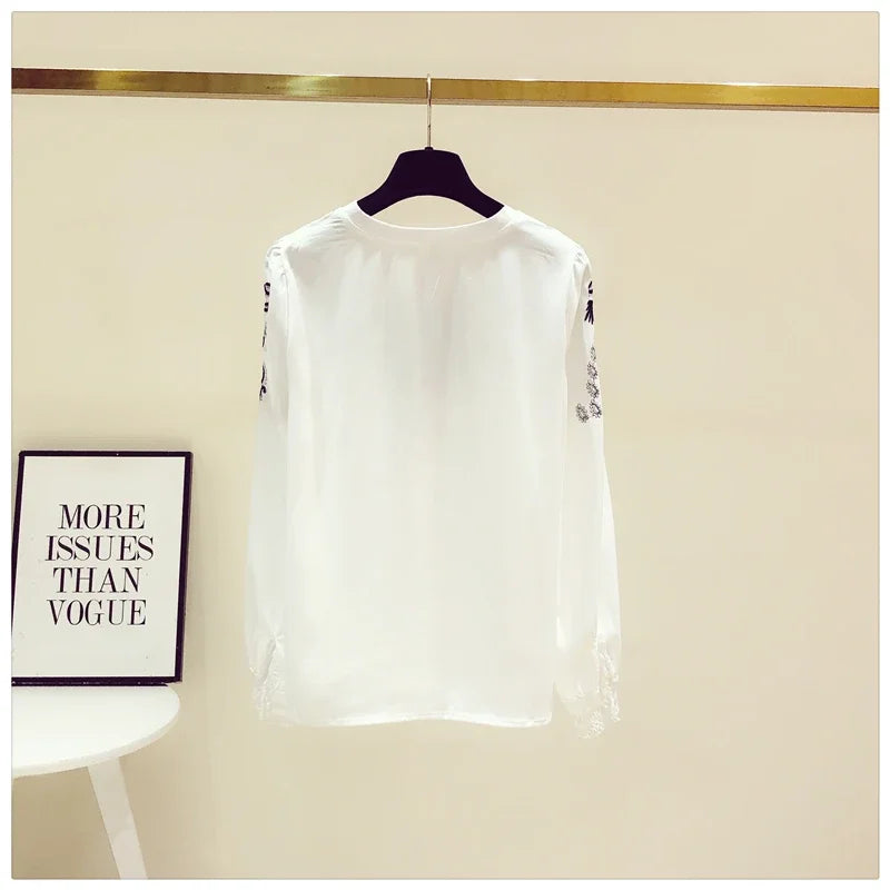 Korean Fashion Embroidery White Blouse Female Chiffon Female Long-sleeved Blusa Early Autumn New Shirt Tops KK1471