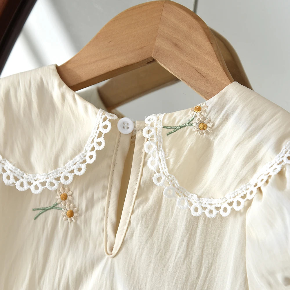 Girls' Beige Embroidered Doll Collar Dress - Bubble Sleeve Princess Dress, 6M-3Y