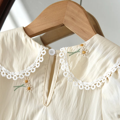 Vestido beige bordado para niña con cuello de muñeca - Vestido de princesa con mangas abullonadas, 6M-3A