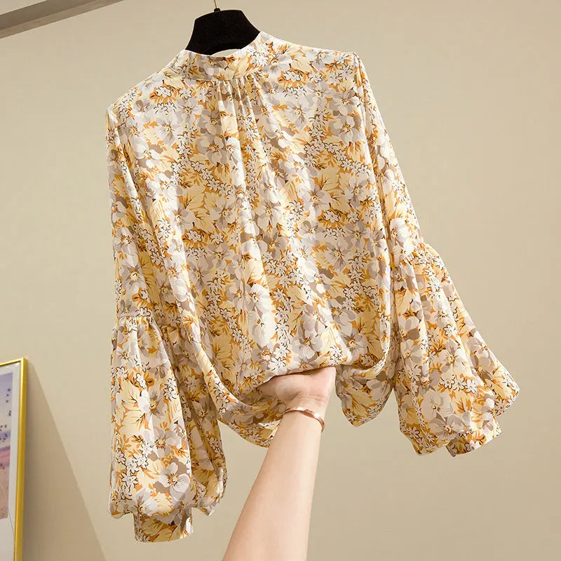 Floral Print Vintage Chiffon Stand Collar Lantern Sleeve Pullover Women's Blouse Shirt Casual Female Clothing Tops Fashion 2024