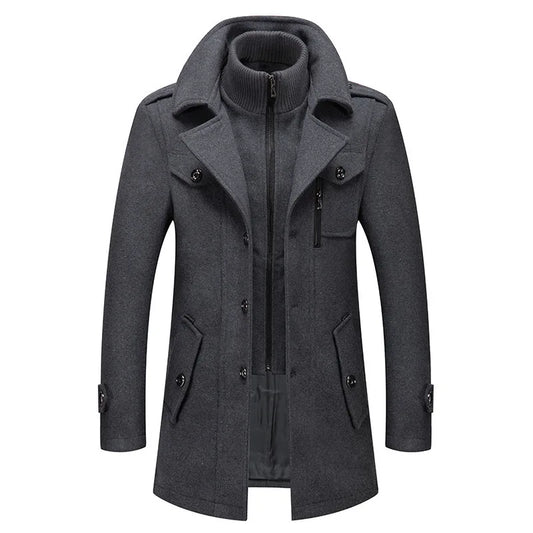Rindu Men's Long Polyester Overcoat with Detachable Collar