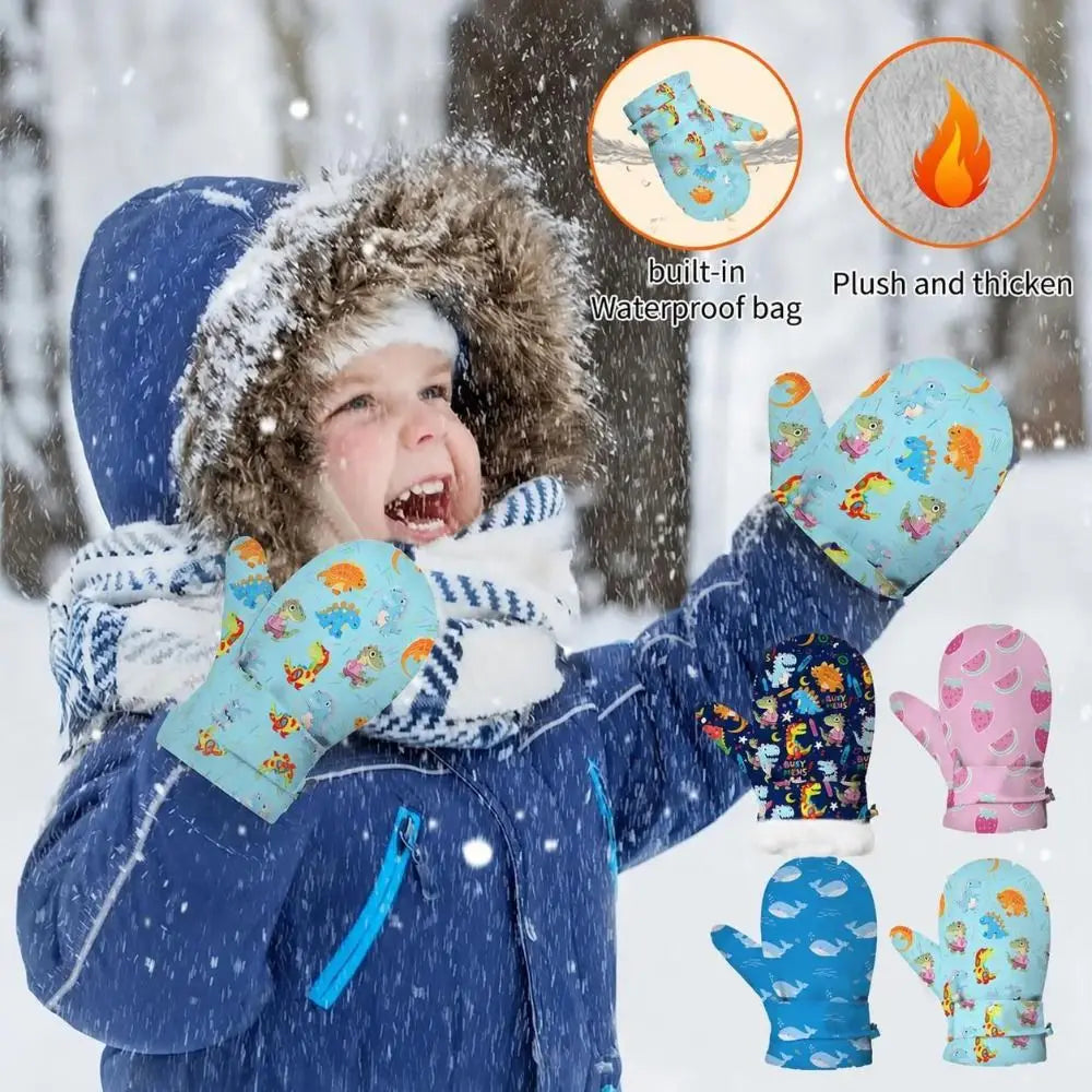 Kids' Printed Fleece-Lined Snow Mittens with Anti-Lost Clip