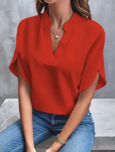 Women's Elegant V-Neck Chiffon Blouse – Casual Short Sleeve Loose Summer Top