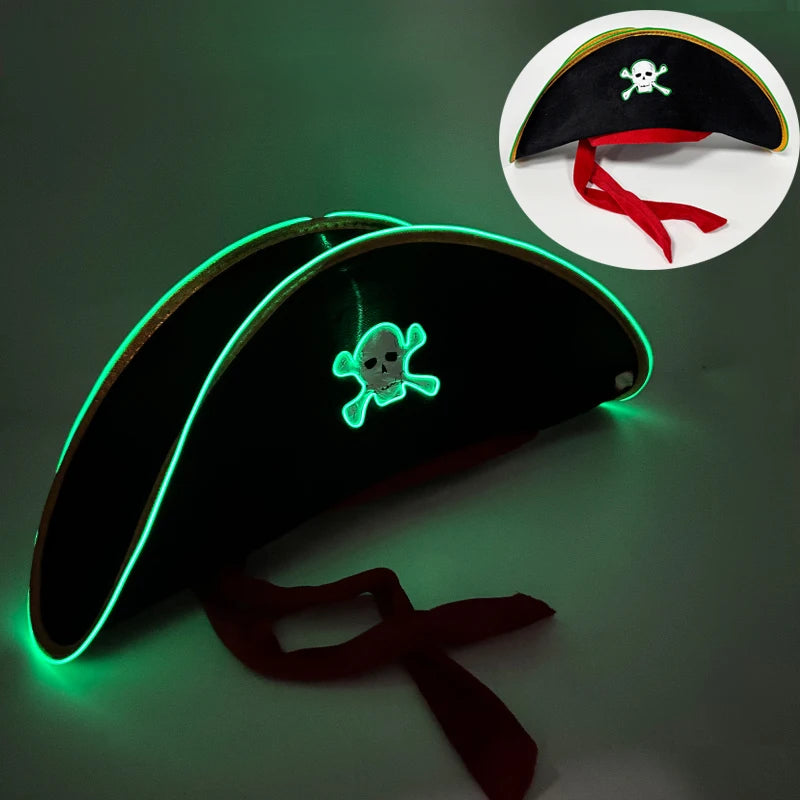 LED Light-Up Pirate Captain Hat - Glowing Tricorn Costume Hat for Halloween & Parties