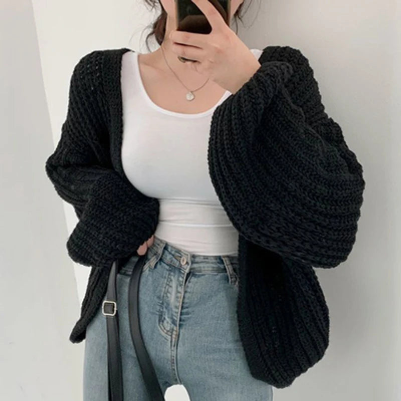 Women's Lantern-Sleeve Knit Cardigan – Relaxed Open-Front Sweater