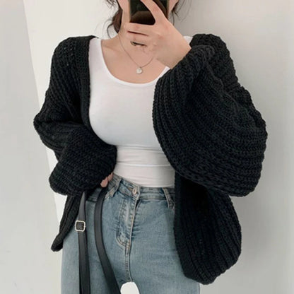 Women's Lantern-Sleeve Knit Cardigan – Relaxed Open-Front Sweater