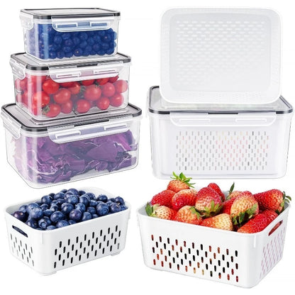 Set di 6 contenitori per frutta e verdura da frigorifero con cestelli forati e coperchi ermetici