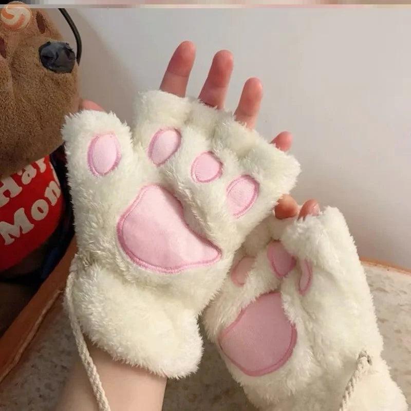 Women's Plush Cat Paw Fingerless Gloves