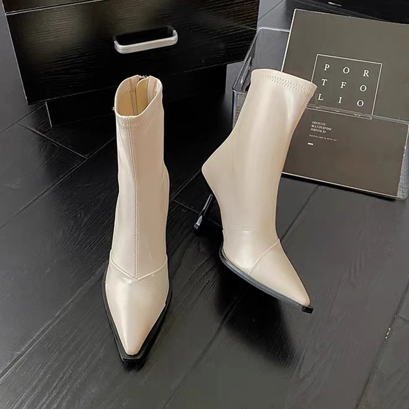 Black Pointed Toe High Heel Short Boots Women's Autumn Winter New Style Elastic Slim Fit Short Tube Boots Korean Version