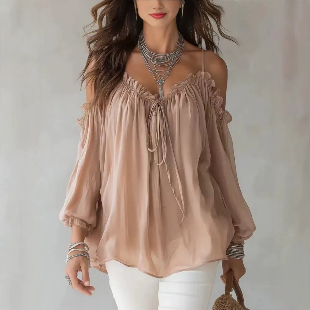 Elegant Off Shoulder Blouse Ruffled V Neck Lace Up Puff Sleeve Chiffon Shirts Loose Casual Summer Fashion Women Long Sleeve Top