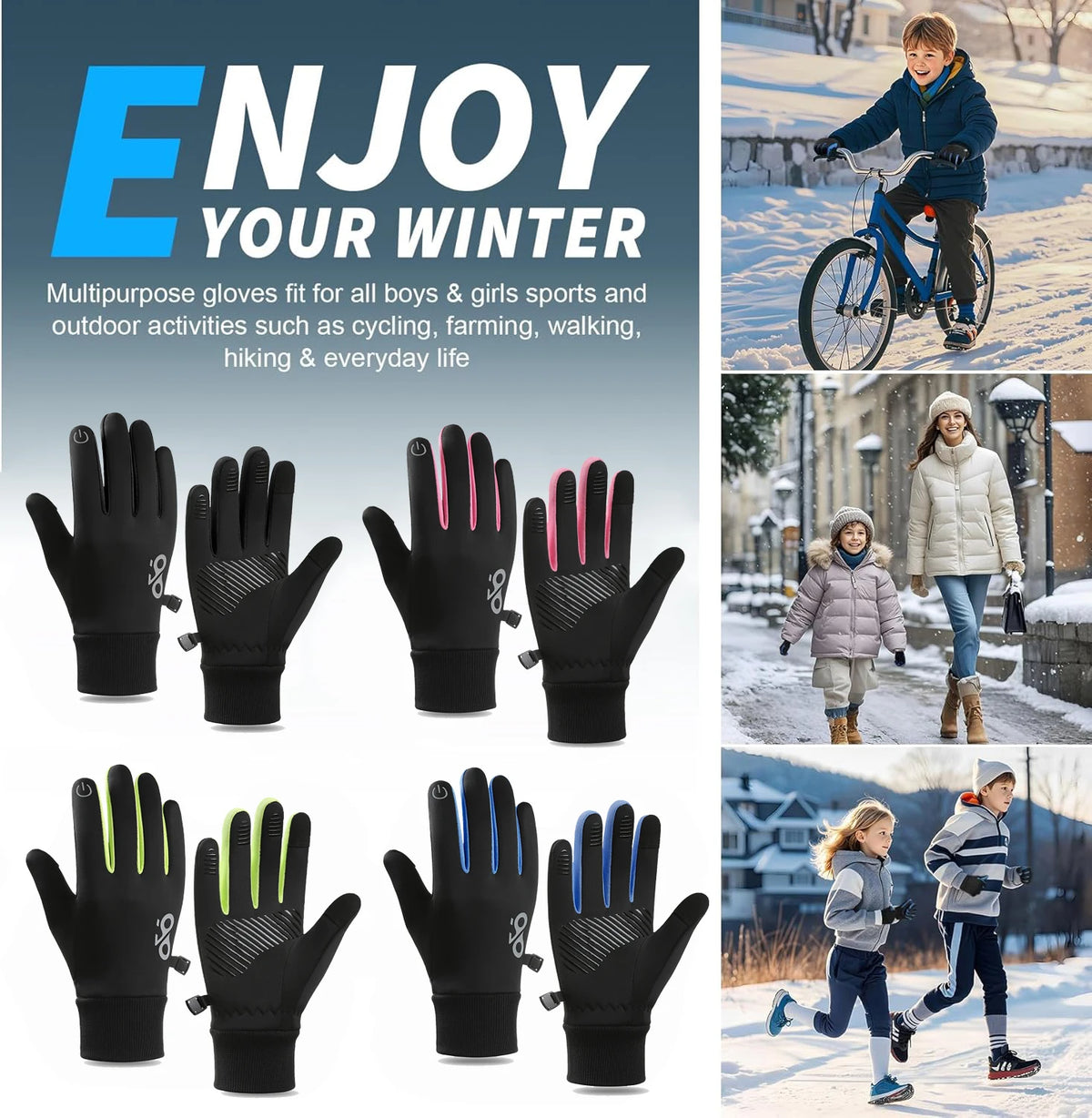 Kids' Thermal Touchscreen Sports Gloves – Anti-Slip (Ages 6–16)