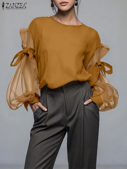 Mesh-Bluse mit Schleifendetail und Laternenärmeln