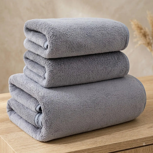 Grey Coral Fleece Towel Set – Bath Towel & Hand Towel