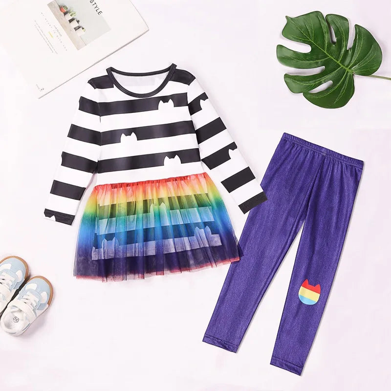 Girls' Rainbow Tutu Cat Costume Set - Top, Skirt & Pants Party Outfit, Ages 3-10