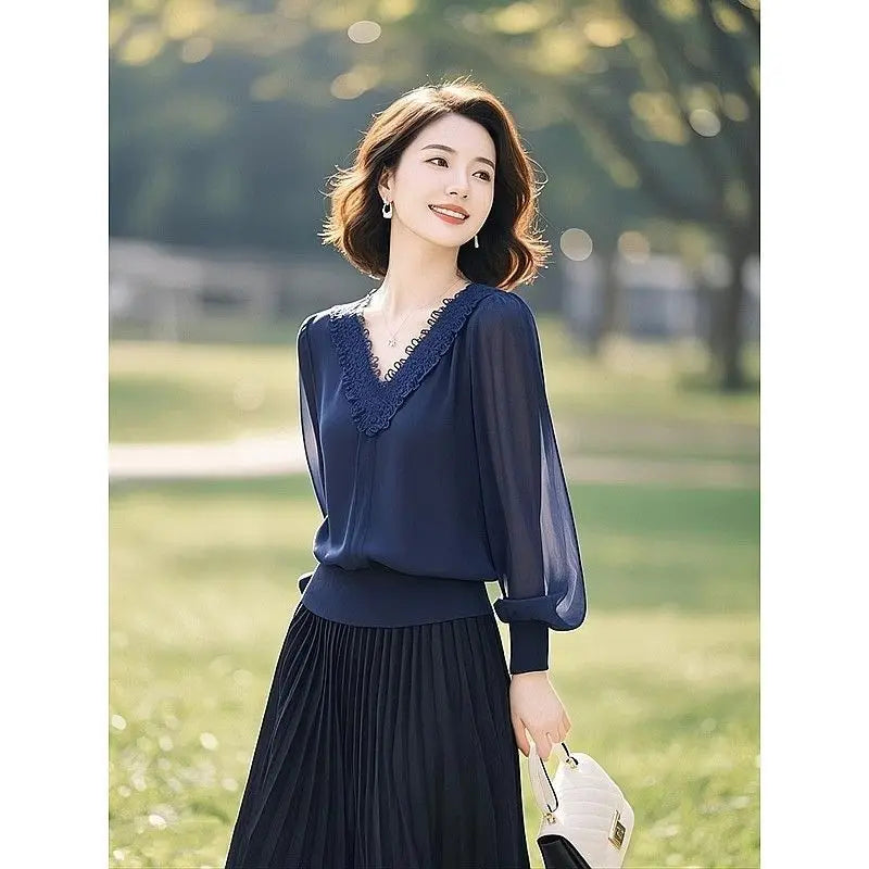 Spring Autumn Office Lady Lace Patchwork Solid Color V-neck Long Sleeve Shirts Female Fashion Net Yarn Lantern Sleeve Blouse