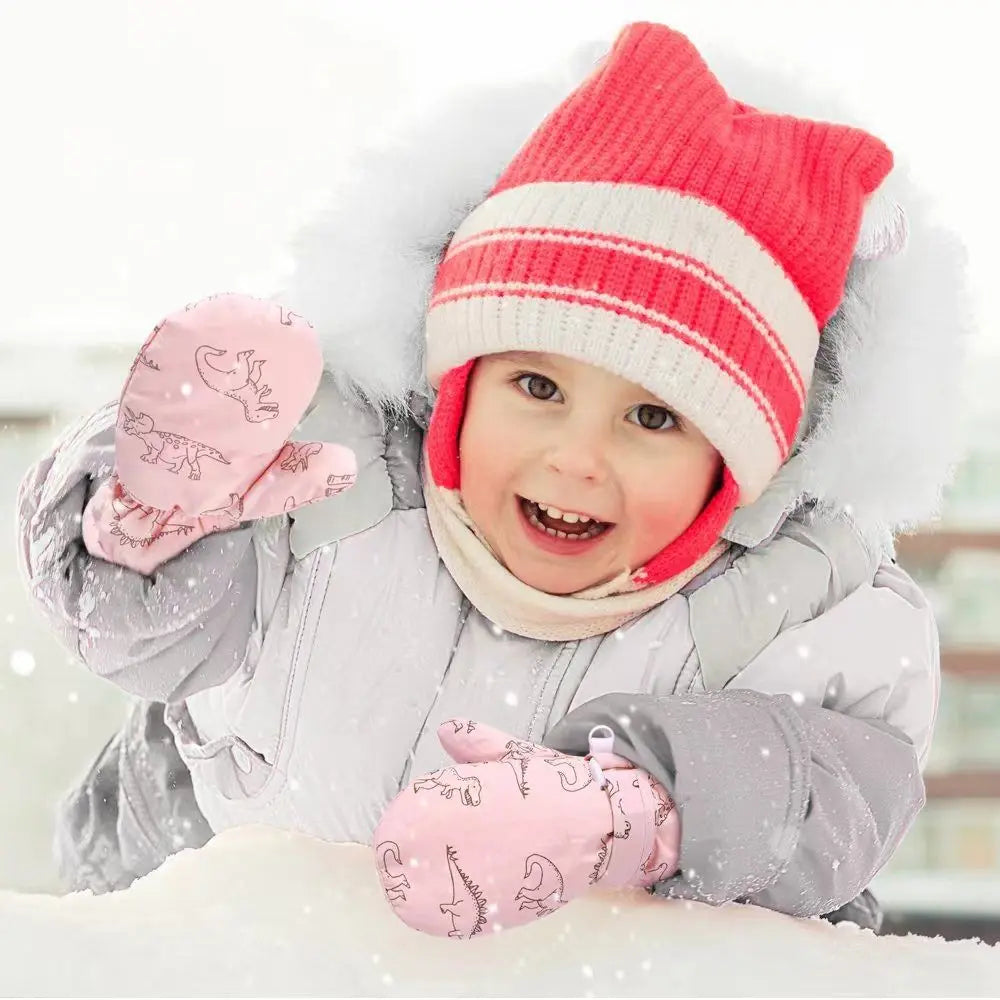 Kids' Dinosaur Print Winter Gloves – Fleece-Lined Snow Gloves