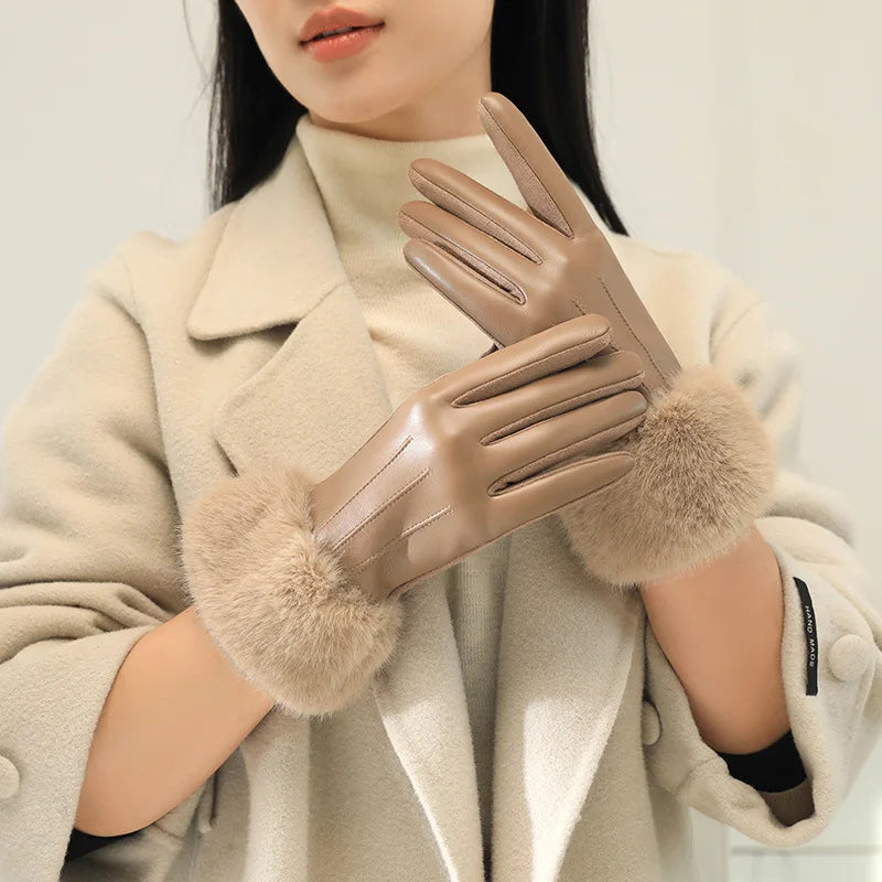 Women's Faux Fur Trim Faux Leather Gloves – Thermal-Lined, Windproof