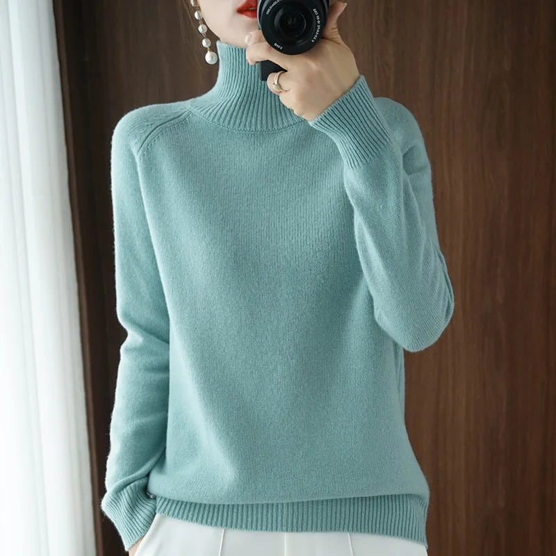 Fashion Basic Autumn Winter Merino Wool Sweater Mock Neck Cashmere Pullover Solid Color Soft Long Sleeve Basic Clothing Tops
