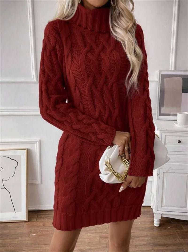 Women's Twisted-Knit Turtleneck Knee-Length Dress