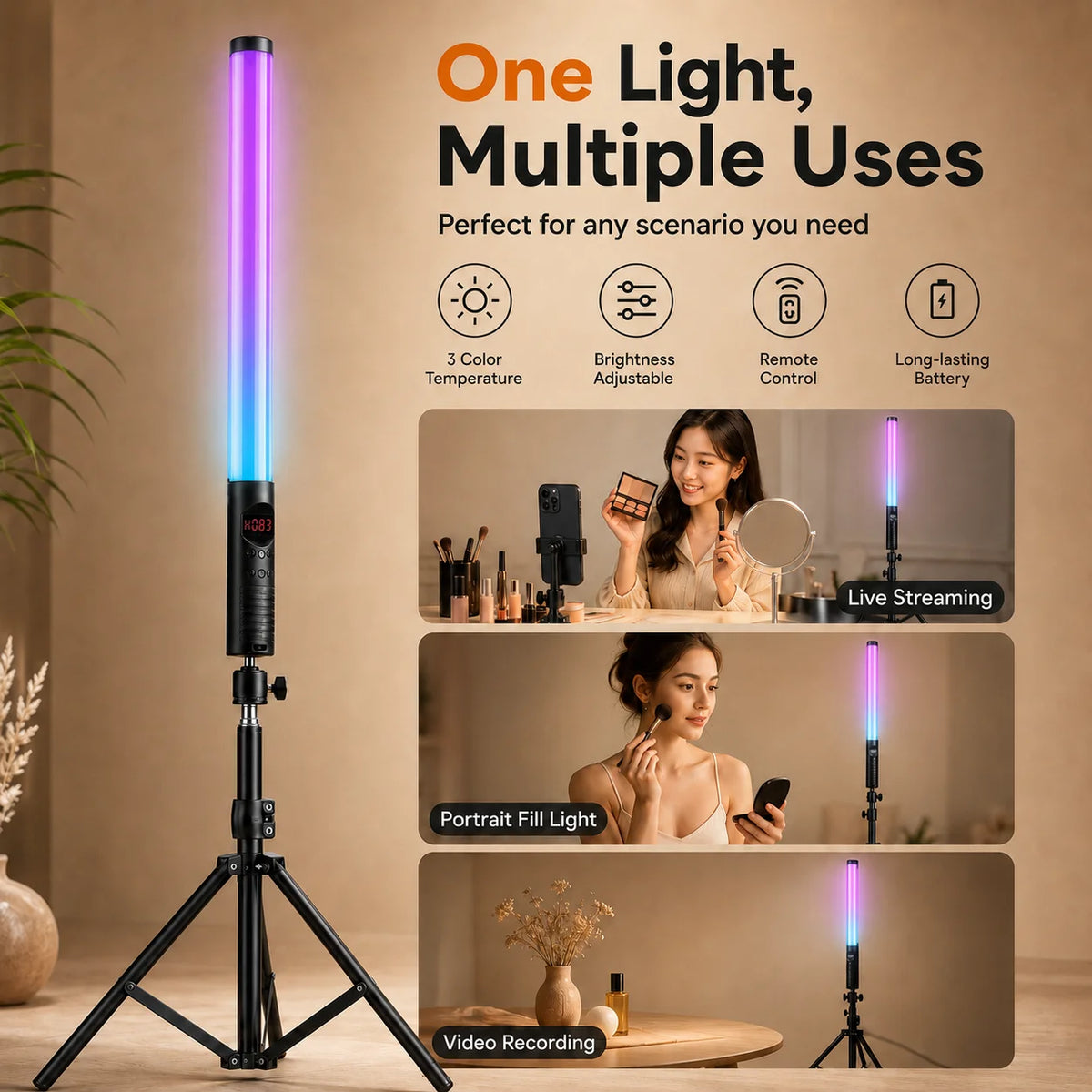 عصا إضاءة الفيديو المحمولة RGB – مصباح LED قابل لإعادة الشحن مع حامل ثلاثي اختياري