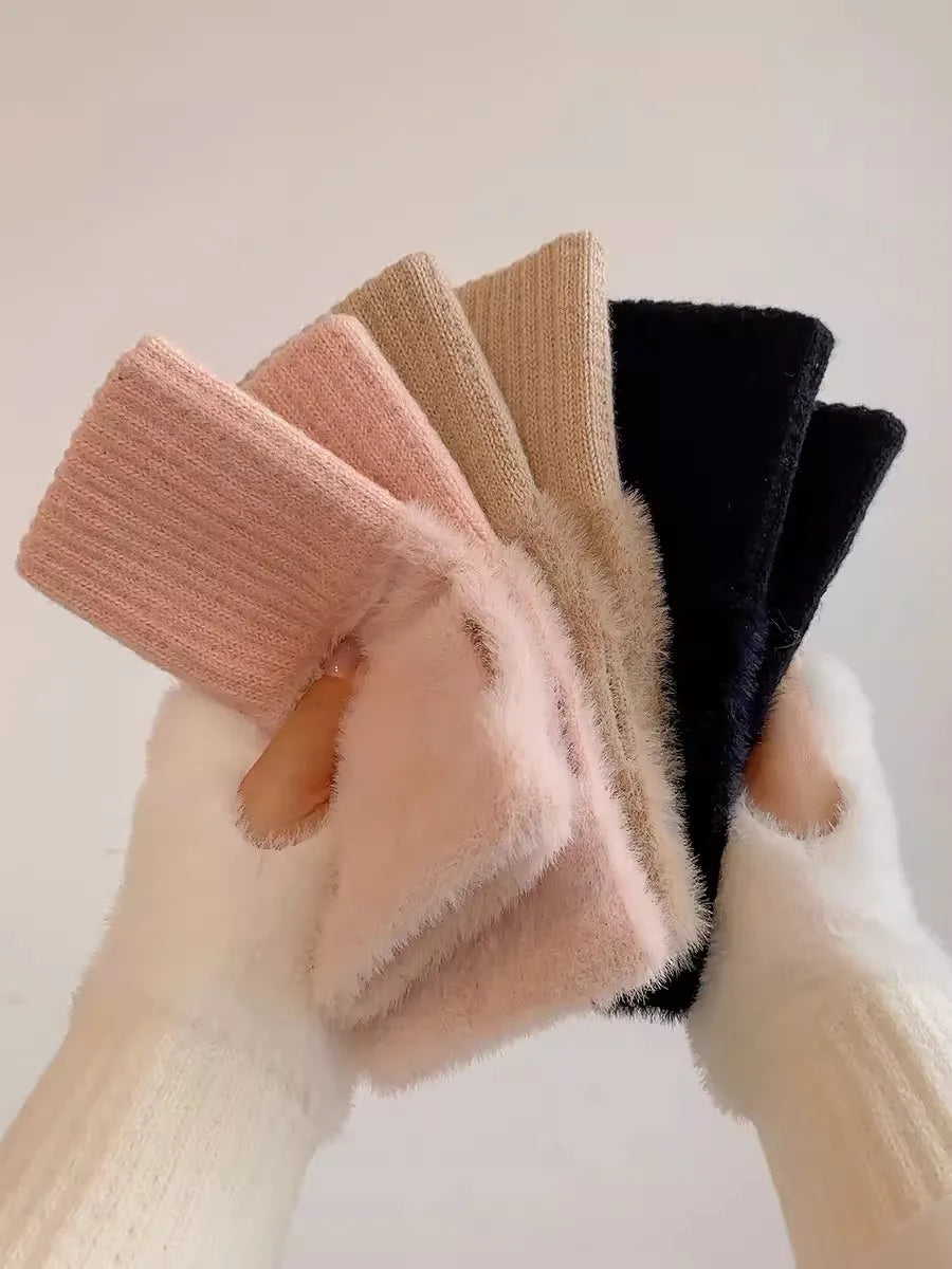 Women's Plush Knit Fingerless Gloves – Soft Wrist Warmers
