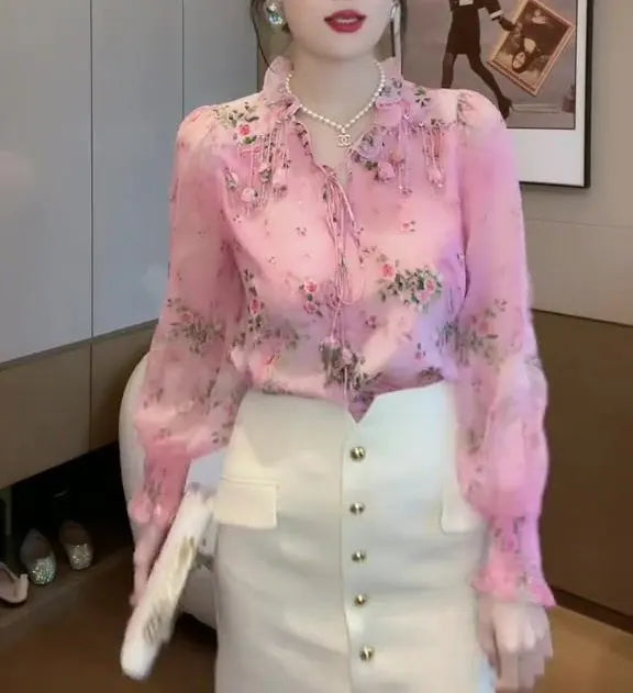 Korean Broken Flowers Printed Blouse Fashion Tassel Three-dimensional Decoration Female Clothing V-Neck Spring Drawstring Shirt