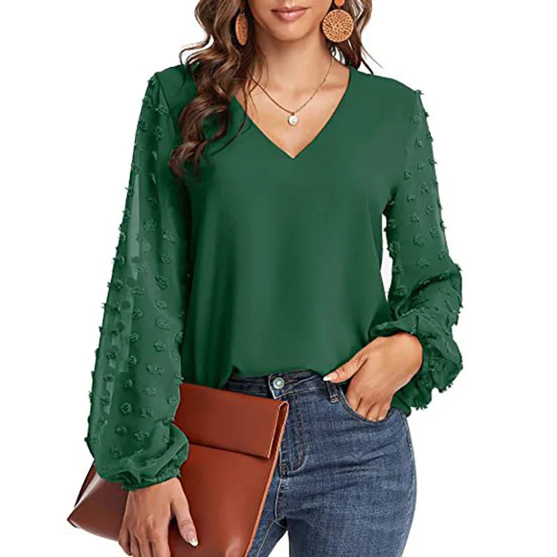 Elegant Chiffon Splicing Bubble Sleeve Blouse Female British Style Comfortable Commuter Shirt Women's V Neck Pullover Loose Tops