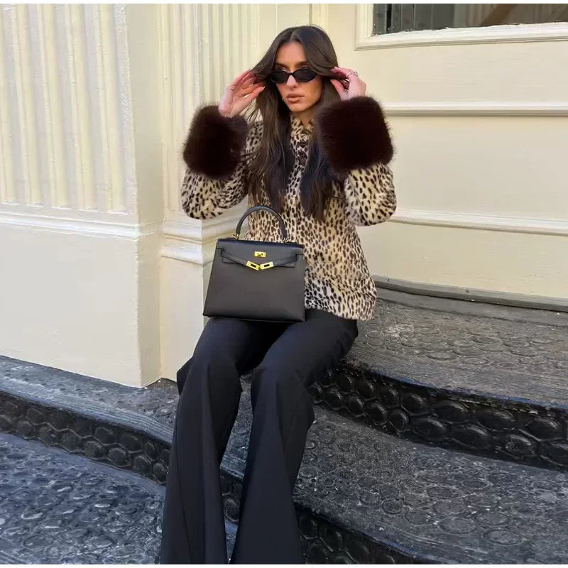 Street Leopard Print Fur Cuffs Jacket Women Stand Collar Full Sleeve Buttons Jackets 2026 Autumn Winter Fashion Lady Outwear