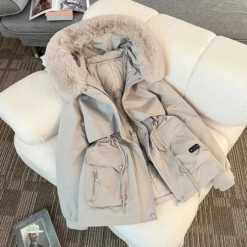 Streetwear Winter Short Parkas Women's Detachable Liner Cotton-padded Jackets Fur Collar Hooded Coats Lady Outerwear 3 Ways Wear