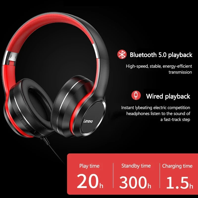 Lenovo HD200 Foldable Bluetooth Headphones – Over-Ear Wireless Headset with Mic