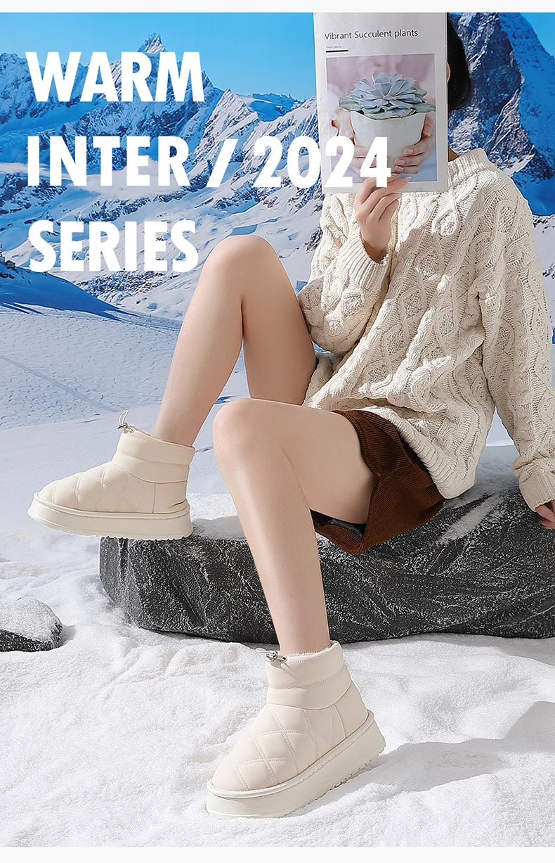Women's Winter High-Top Fur Lined PU Leather Snow Boots Waterproof Cotton Shoes Warm Fashionable Short Tube EVA Inner Material