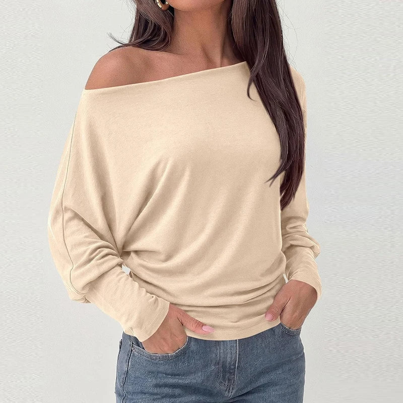 Elegant Off Shoulder Women T-Shirts Solid Color Long Sleeve Shirts For Women Spring Autumn Loose Pullover Lady Basic Tops